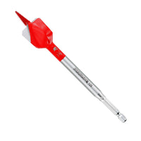 The DIABLO DSPD4060 Demo Demon™ 1-1/8 x 6 spade bit by Diablo features a red and silver design with a flat shape and pointed tip. Marked DIAMOND 1/2, it has a hexagonal shank for secure attachment. Its ideal for woodworking, including nail-embedded wood, using DEMO-Edge™ technology.