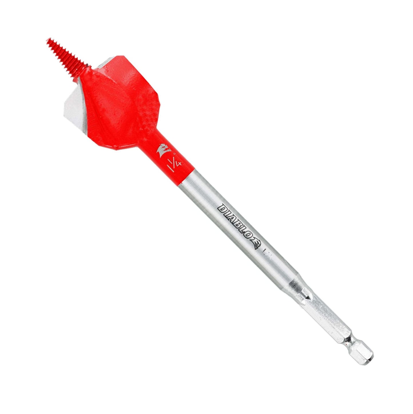 The DIABLO DSPD4070 1-1/4 in. x 6 in. Demo Demon™ Spade Bit features a red triangular blade and silver shank, with Diablo and 1/4 engraved on its surface, designed for robust performance even in nail-embedded wood.