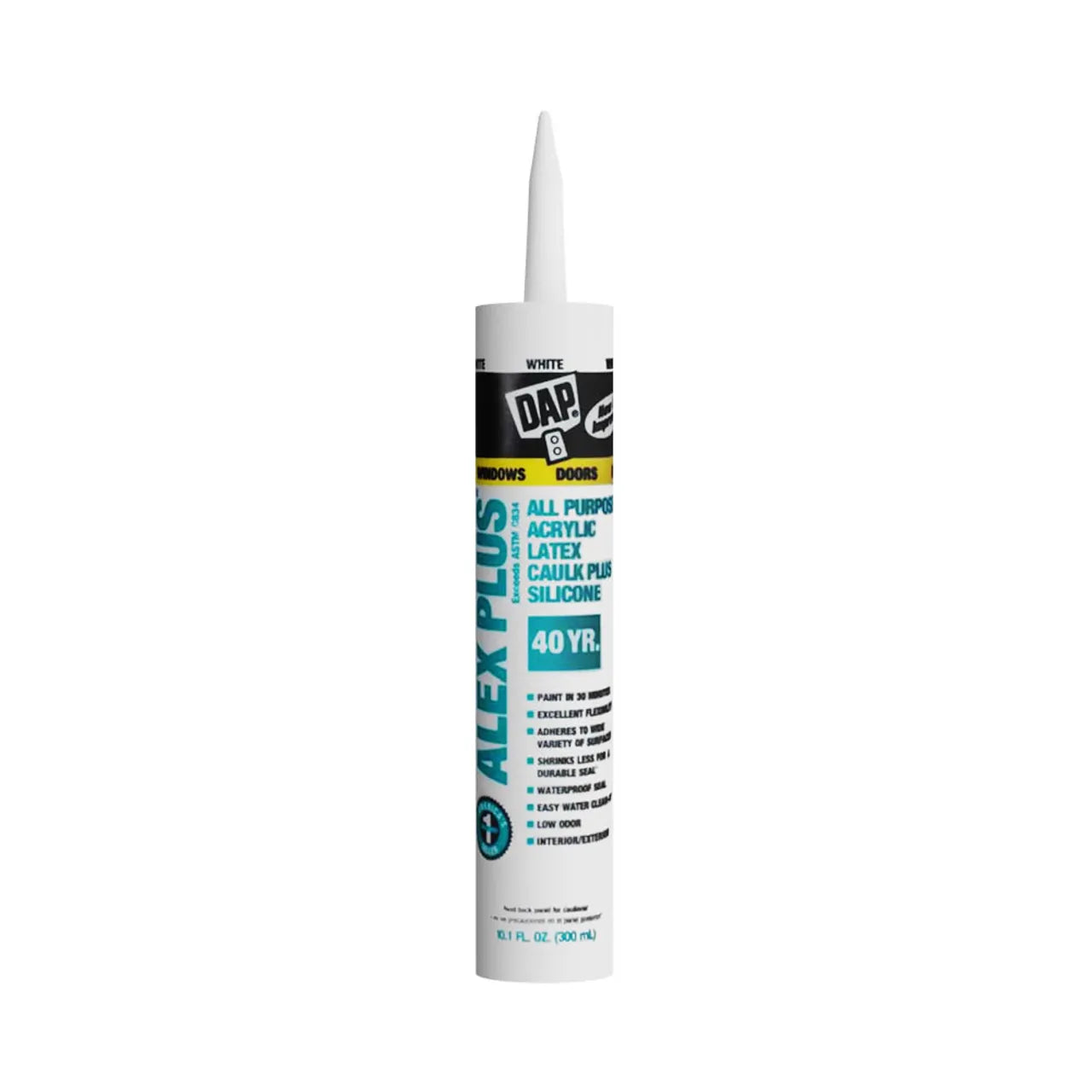 The DAP 18152 Alex Plus acrylic latex caulk, fortified with silicone, provides a crack-proof seal for windows and doors. Available in white, this 10.1 oz tube is backed by a 40-year guarantee.