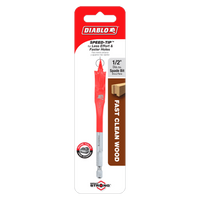 The Diablo DSP1020 1/2 in. x 4 in. Spade Bit for Wood features a SPEED-TIP™ design for fast, clean holes. The packaging is striking red and white, while the Impact Strong™ bit’s metallic and red hues emphasize its durability within the spade bit range.