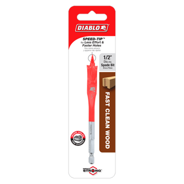 The Diablo DSP1020 1/2 in. x 4 in. Spade Bit for Wood features a SPEED-TIP™ design for fast, clean holes. The packaging is striking red and white, while the Impact Strong™ bit’s metallic and red hues emphasize its durability within the spade bit range.