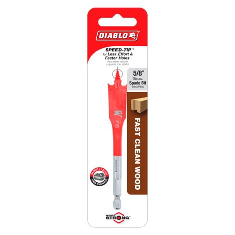 The DIABLO DSP1030 5/8 in. x 4 in. Spade Bit for Wood features an Impact Strong™ build and red SPEED-TIP™ for quicker drilling, packaged in clear plastic with branding and product info on the cardboard backing.