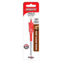 The DIABLO DSP1030 5/8 in. x 4 in. Spade Bit for Wood features an Impact Strong™ build and red SPEED-TIP™ for quicker drilling, packaged in clear plastic with branding and product info on the cardboard backing.