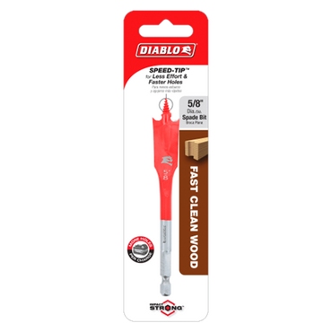 The DIABLO DSP1030 5/8 in. x 4 in. Spade Bit for Wood features an Impact Strong™ build and red SPEED-TIP™ for quicker drilling, packaged in clear plastic with branding and product info on the cardboard backing.