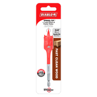 The packaging of the DIABLO DSP1040 3/4 in. x 4 in. Spade Bit for Wood features a vibrant red design and Diablo branding. With Impact Strong™ construction, it ensures faster, cleaner wood drilling with less effort required for speedier hole creation.