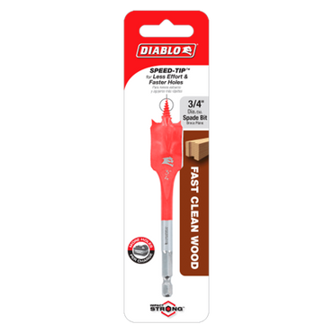 The packaging of the DIABLO DSP1040 3/4 in. x 4 in. Spade Bit for Wood features a vibrant red design and Diablo branding. With Impact Strong™ construction, it ensures faster, cleaner wood drilling with less effort required for speedier hole creation.