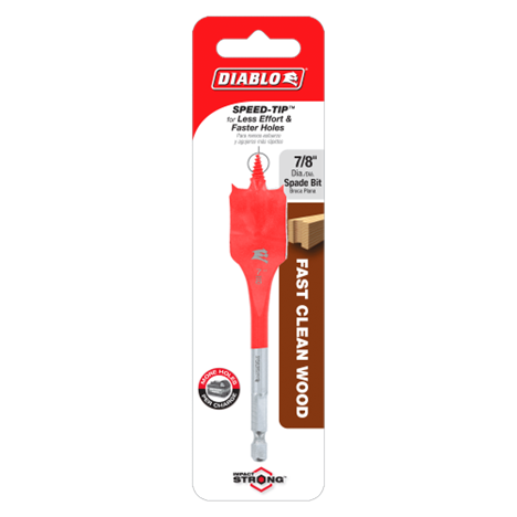 The DIABLO DSP1050 7/8 in. x 4 in. Spade Bit for Wood, labeled DIABLO SPEED-TIP™, promises Less Effort & Faster Holes and Fast Clean Wood. It features Impact Strong™ design for durability and precision, packaged with a wooden plank illustration on a white background.