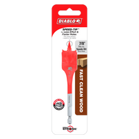 The DIABLO DSP1050 7/8 in. x 4 in. Spade Bit for Wood, labeled DIABLO SPEED-TIP™, promises Less Effort & Faster Holes and Fast Clean Wood. It features Impact Strong™ design for durability and precision, packaged with a wooden plank illustration on a white background.