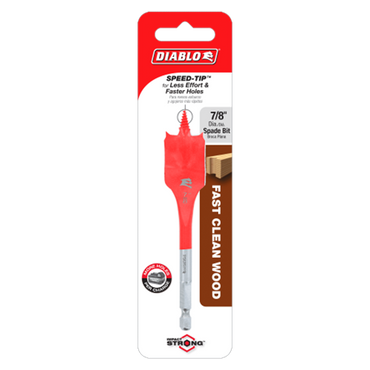 The DIABLO DSP1050 7/8 in. x 4 in. Spade Bit for Wood, labeled DIABLO SPEED-TIP™, promises Less Effort & Faster Holes and Fast Clean Wood. It features Impact Strong™ design for durability and precision, packaged with a wooden plank illustration on a white background.