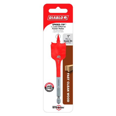 The DIABLO DSP1060 1 in. x 4 in. Spade Bit for Wood features a distinctive red color and SPEED-TIP™ design, emphasizing Fast Clean Wood, Less Effort and Faster Holes, and Impact Strong™ durability for tough materials.