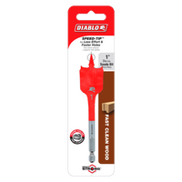 The DIABLO DSP1060 1 in. x 4 in. Spade Bit for Wood features a distinctive red color and SPEED-TIP™ design, emphasizing Fast Clean Wood, Less Effort and Faster Holes, and Impact Strong™ durability for tough materials.