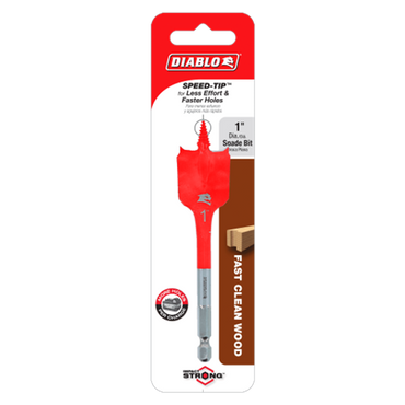 The DIABLO DSP1060 1 in. x 4 in. Spade Bit for Wood features a distinctive red color and SPEED-TIP™ design, emphasizing Fast Clean Wood, Less Effort and Faster Holes, and Impact Strong™ durability for tough materials.