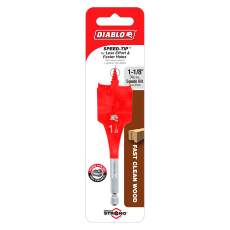 The packaging for the Diablo DSP1070 spade bit, 1-1/8 inch diameter and 4 inches long, highlights its red Impact Strong™ design for fast, clean wood drilling in a distinct red and white branding with product specs.