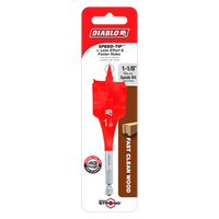 The packaging for the Diablo DSP1070 spade bit, 1-1/8 inch diameter and 4 inches long, highlights its red Impact Strong™ design for fast, clean wood drilling in a distinct red and white branding with product specs.