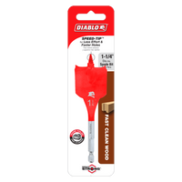 The Diablo DSP1080 1-1/4 in. x 4 in. Spade Bit for Wood features a striking red bit with SPEED-TIP™ design, emphasizing Impact Strong™ reliability for FAST CLEAN WOOD and LESS EFFORT & FASTER HOLES.