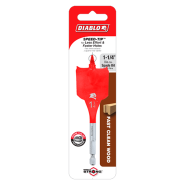 The Diablo DSP1080 1-1/4 in. x 4 in. Spade Bit for Wood features a striking red bit with SPEED-TIP™ design, emphasizing Impact Strong™ reliability for FAST CLEAN WOOD and LESS EFFORT & FASTER HOLES.