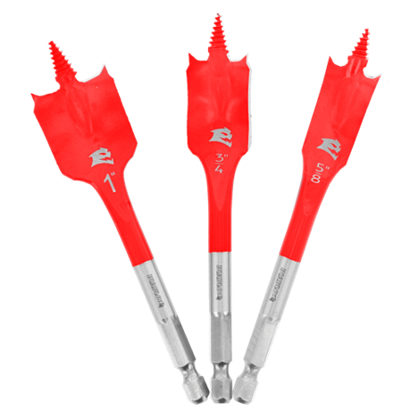 Displayed vertically are three spade bits in the Diablo DIABLO DSP1910-S3 3-Piece Spade Bit Set for Wood, featuring vibrant red bodies and silver tips. The sizes engraved on these Impact Strong™ tools—1 inch, 3/4 inch, and 5/8 inch—ensure easy identification. Each bit is equipped with a screw tip designed to provide effortless drilling through wood.