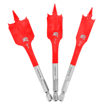 Displayed vertically are three spade bits in the Diablo DIABLO DSP1910-S3 3-Piece Spade Bit Set for Wood, featuring vibrant red bodies and silver tips. The sizes engraved on these Impact Strong™ tools—1 inch, 3/4 inch, and 5/8 inch—ensure easy identification. Each bit is equipped with a screw tip designed to provide effortless drilling through wood.