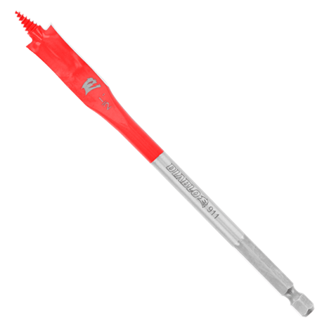 The DIABLO DSP2050-P2 1/2 in. x 6 in. Spade Bits for Wood (2-Pack) by Diablo feature a SPEED-TIP™ design with a sharp tip, ideal for large wood holes. The red section displays the logo and connects to a hex shank, compatible with power drills.