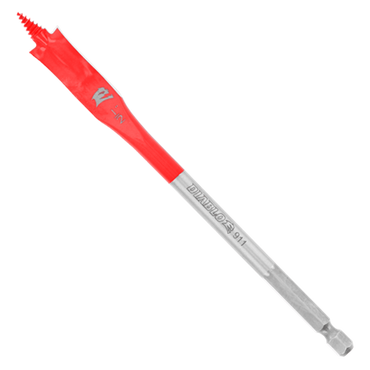 The DIABLO DSP2050-P2 1/2 in. x 6 in. Spade Bits for Wood (2-Pack) by Diablo feature a SPEED-TIP™ design with a sharp tip, ideal for large wood holes. The red section displays the logo and connects to a hex shank, compatible with power drills.