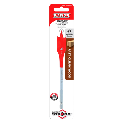 The DIABLO DSP2090 3/4 in. x 6 in. Spade Bit for Wood includes a red head with a SPEED-TIP™ design for fast, clean wood drilling, emphasizes Impact Strong™, and features an illustration of a wooden block on its packaging.