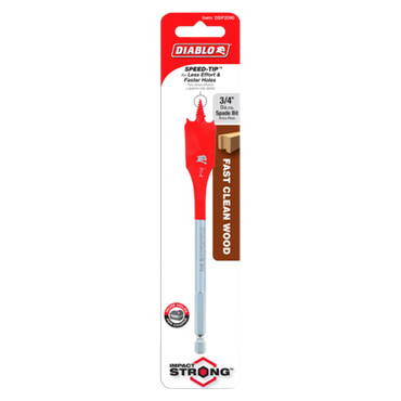 The DIABLO DSP2090 3/4 in. x 6 in. Spade Bit for Wood includes a red head with a SPEED-TIP™ design for fast, clean wood drilling, emphasizes Impact Strong™, and features an illustration of a wooden block on its packaging.