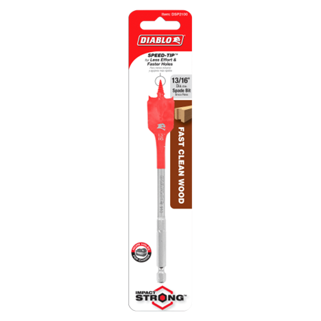 The DIABLO DSP2100 13/16 in. x 6 in. Spade Bit for Wood, branded as FAST CLEAN WOOD, uses Impact Strong™ technology for faster, cleaner holes and enhanced durability in tough wood applications.