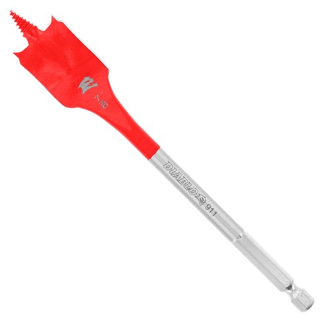 The Diablo DSP2110-P2 Spade Bits, in a 7/8 in. x 6 in. size, feature a red and silver finish with a SPEED-TIP™ spade-shaped tip for large wood holes, an Impact Strong™ design for durability, and Curved Paddle shaft detail with markings. Available as a 2-pack from Diablo.