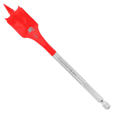 The Diablo DSP2110-P2 Spade Bits, in a 7/8 in. x 6 in. size, feature a red and silver finish with a SPEED-TIP™ spade-shaped tip for large wood holes, an Impact Strong™ design for durability, and Curved Paddle shaft detail with markings. Available as a 2-pack from Diablo.