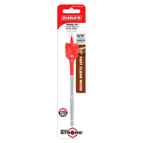 The Diablo DSP2120 spade bit, sized at 15/16 in. x 6 in., boasts a striking red tip and hex shank, delivering Fast Clean Wood results with the Impact Strong™ promise and innovative SPEED-TIP™ design for superior wood drilling performance.