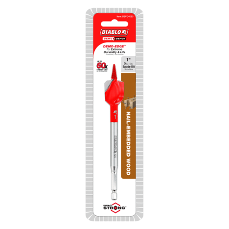 The DIABLO DSPD4050 1 x 6 Demo Demon™ spade bit, with red and white Diablo branding, features a DuraEdge design that emphasizes its Impact Strong durability for enhanced longevity, perfect for tough jobs with nail-embedded wood.