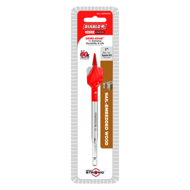 The DIABLO DSPD4050 1 x 6 Demo Demon™ spade bit, with red and white Diablo branding, features a DuraEdge design that emphasizes its Impact Strong durability for enhanced longevity, perfect for tough jobs with nail-embedded wood.