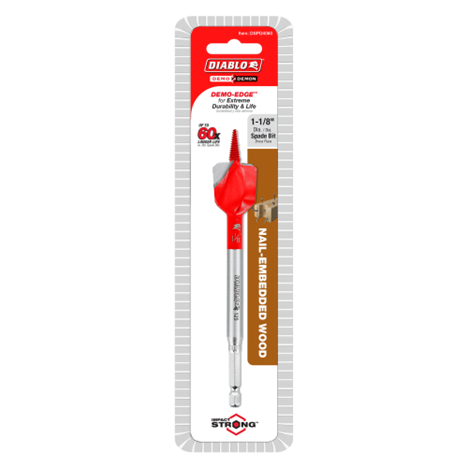 The Diablo DSPD4060 1-1/8 in. x 6 in. Demo Demon™ Spade Bit packaging features a durable design with a predominantly white color and red accents, highlighting its Impact Strong capabilities and the Diablo brand clearly.