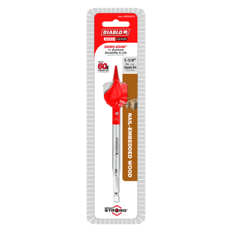 The DIABLO DSPD4070 1-1/4 in. x 6 in. Demo Demon™ Spade Bit, designed for nail-embedded wood, features a red tip and silver body. The packaging highlights its Impact Strong durability and extended life, along with branding details from Diablo.