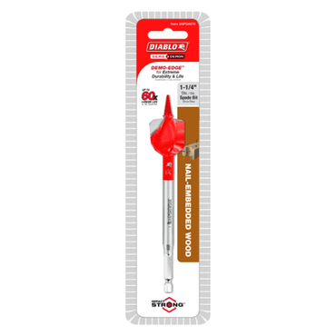 The DIABLO DSPD4070 1-1/4 in. x 6 in. Demo Demon™ Spade Bit, designed for nail-embedded wood, features a red tip and silver body. The packaging highlights its Impact Strong durability and extended life, along with branding details from Diablo.