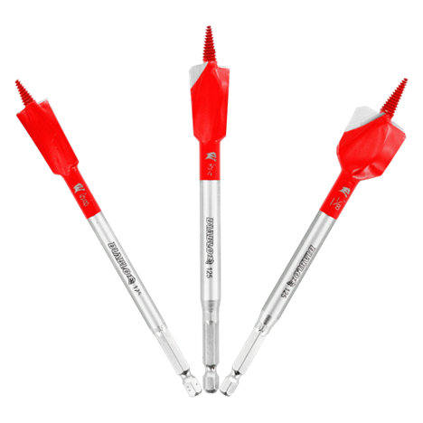 The DIABLO DSPD4910-S3 3-Piece Demo Demon™ Spade Bit Set by Diablo is displayed in a fan shape on a white background. Each bit features the Impact Strong™ design with a red head, threaded tip, and QUATTRIC and SDS marked on their metal shafts.