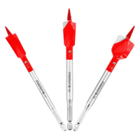 The DIABLO DSPD4910-S3 3-Piece Demo Demon™ Spade Bit Set by Diablo is displayed in a fan shape on a white background. Each bit features the Impact Strong™ design with a red head, threaded tip, and QUATTRIC and SDS marked on their metal shafts.