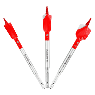 The DIABLO DSPD4910-S3 3-Piece Demo Demon™ Spade Bit Set by Diablo is displayed in a fan shape on a white background. Each bit features the Impact Strong™ design with a red head, threaded tip, and QUATTRIC and SDS marked on their metal shafts.