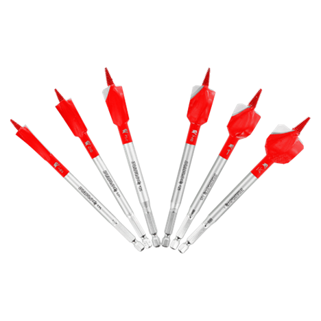 The DIABLO DSPD4920-S6 6-Piece Demo Demon™ Spade Bit Set features six red and white bits with silver shafts and Dura-Tips for nail-embedded wood, designed in a fan shape with spiraled grooves, appearing new against a white background.