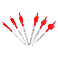 The DIABLO DSPD4920-S6 6-Piece Demo Demon™ Spade Bit Set features six red and white bits with silver shafts and Dura-Tips for nail-embedded wood, designed in a fan shape with spiraled grooves, appearing new against a white background.