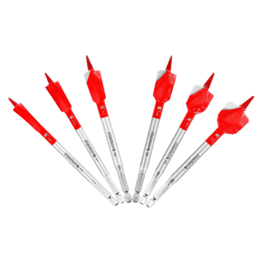 The DIABLO DSPD4920-S6 6-Piece Demo Demon™ Spade Bit Set features six red and white bits with silver shafts and Dura-Tips for nail-embedded wood, designed in a fan shape with spiraled grooves, appearing new against a white background.