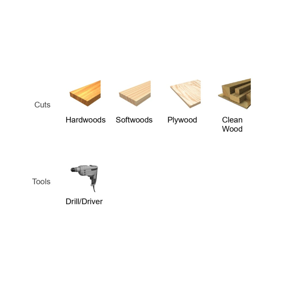 The illustration shows four wood types: hardwoods, softwoods, plywood, and green wood. Below them is the DIABLO DSP2930-S9 9-Piece Spade Bit Set icon labeled Driver, featuring a spade bit with Diablos SPEED-TIP™ design for precise drilling.