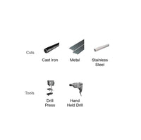 Diagram displaying materials and tools. Top row: Includes Cast Iron, hardened metals, Stainless Steel. Bottom row: Features Drill Press, Hand Held Drill, versatile Diablo DIABLO DHS4BITCB 4 in. Cobalt Pilot Drill Bit for Hardened Metals.