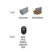 Illustration depicts DIABLO DMAPL2920s cutting on concrete and brick/block. Below is a Tools icon highlighting its full-carbide head for SDS-Plus rotary hammers, using Tri-Metal Diffusion Bonding for enhanced performance, by the brand Diablo.