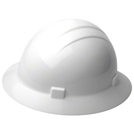 The ERB Hard Hat Americana Full Brim SlideLk White by Go Build features a smooth, rounded design with a moisture-wicking brow pad and a brim at the base, set against a plain background.