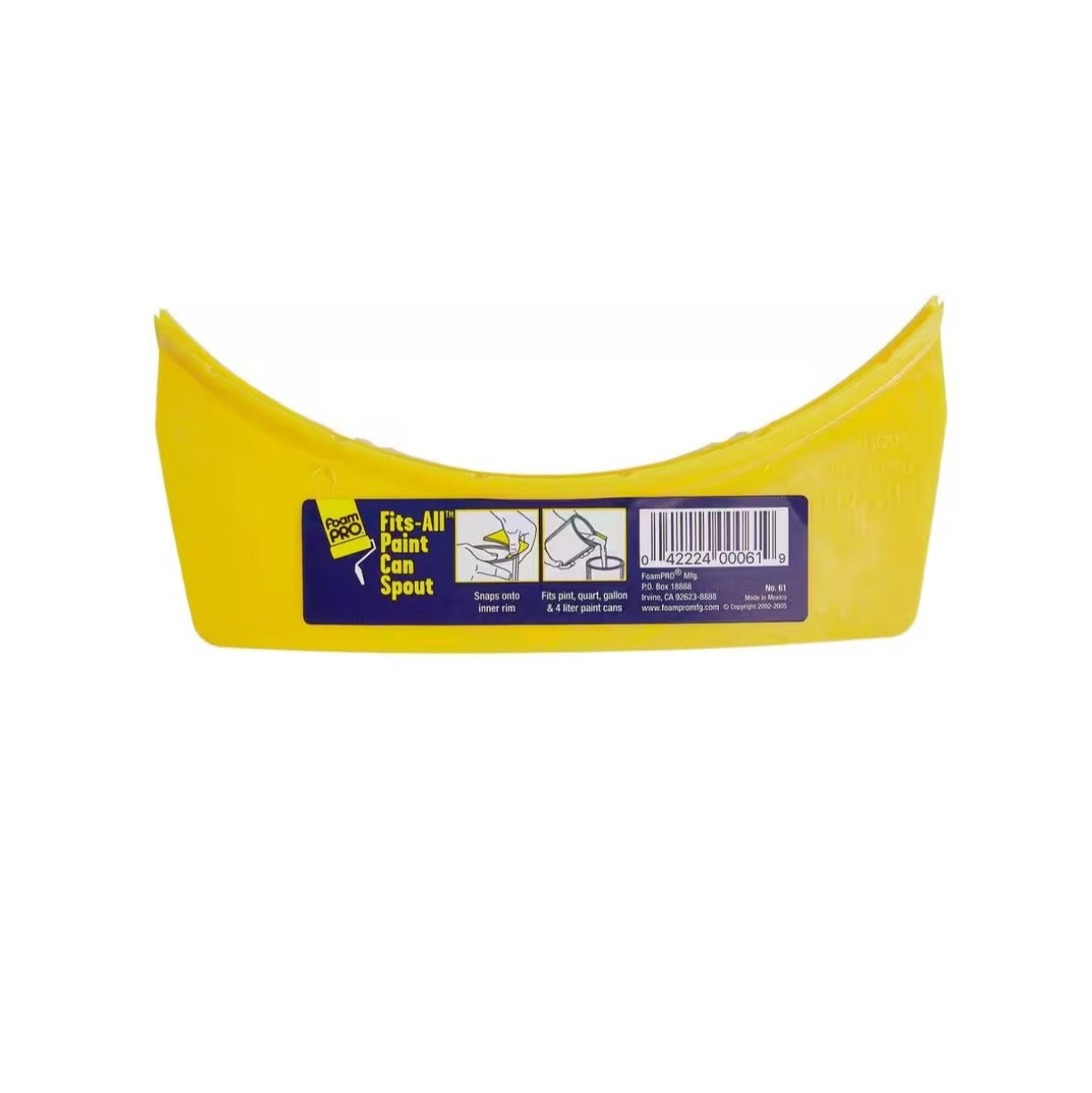 The FOAM PRO 61 Fits-All Paint Can Spout by FOAM PRO is a yellow plastic spout with an instruction label and barcode, fitting all paint cans for precise pouring. It features a neatly designed brush wiper for added convenience.