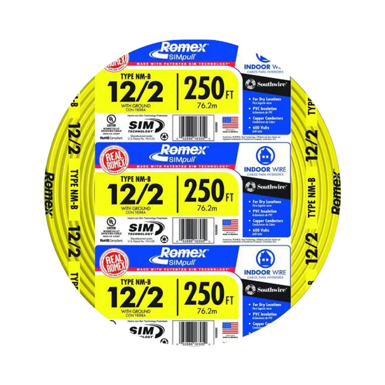 Go Builds 250 ft. 12/2 Solid Romex SIMpull CU NM-B W/G Electrical Cable features UL listing, yellow outer cover, and durable copper. Made in the USA for easy residential indoor use, its perfect for fast construction with SIMpull innovation and quality design.