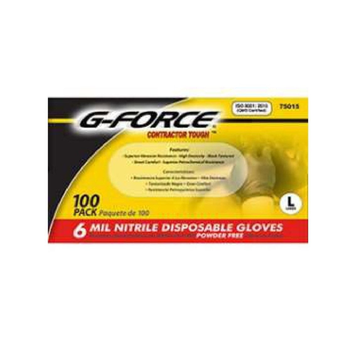 The G-FORCE 75015 Black Nitrile Gloves Large (100PK) feature a bold yellow and black design, highlighting powder-free and petrochemical resistant attributes. The industrial-grade, durable 6mil gloves are ready for tough challenges.