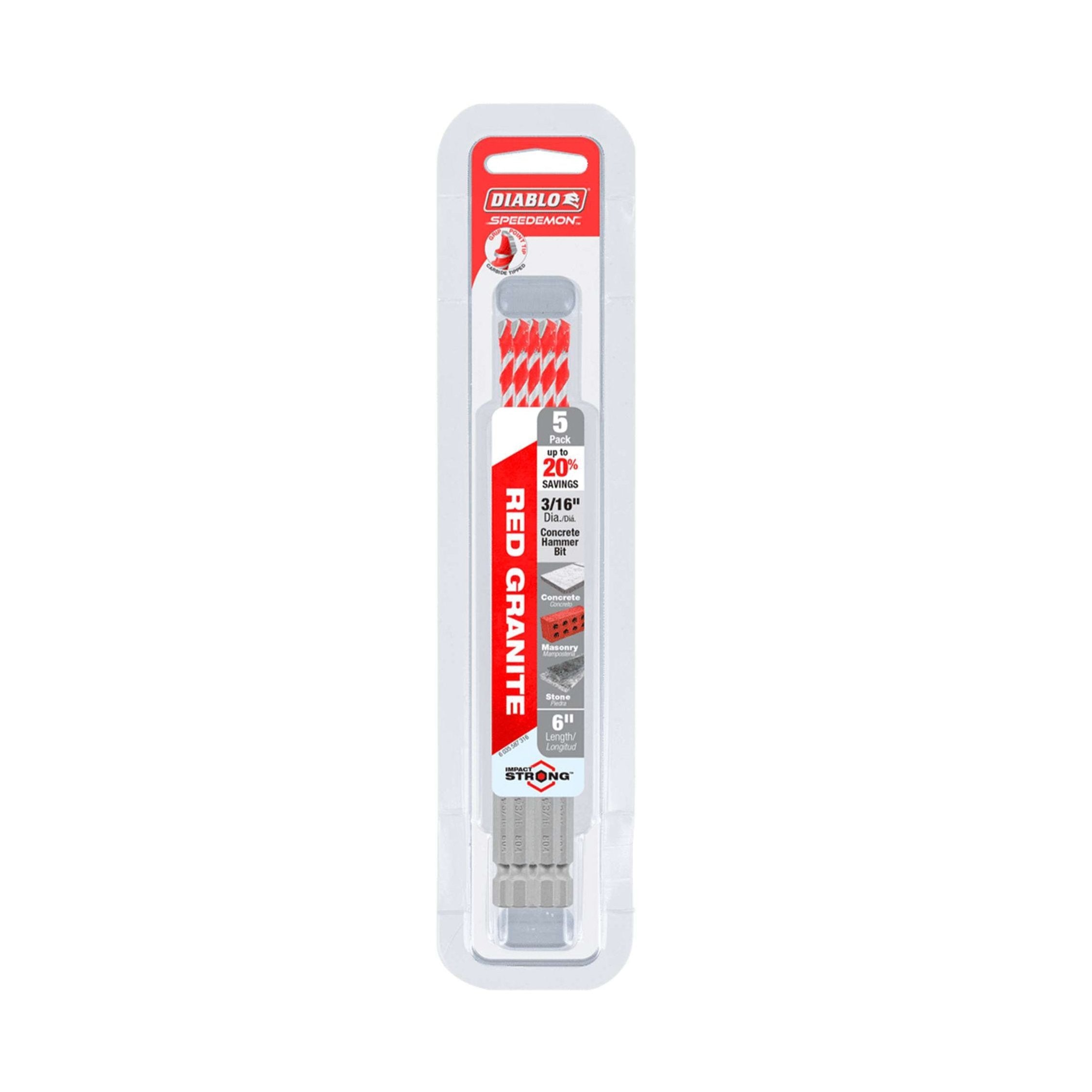 The DIABLO DMARG1030-P5 SPEEDemon™ pack contains five 3/16 x 6 carbide-tipped hammer drill bits with a red and white label in clear packaging, specifically for granite drilling as a masonry solution.