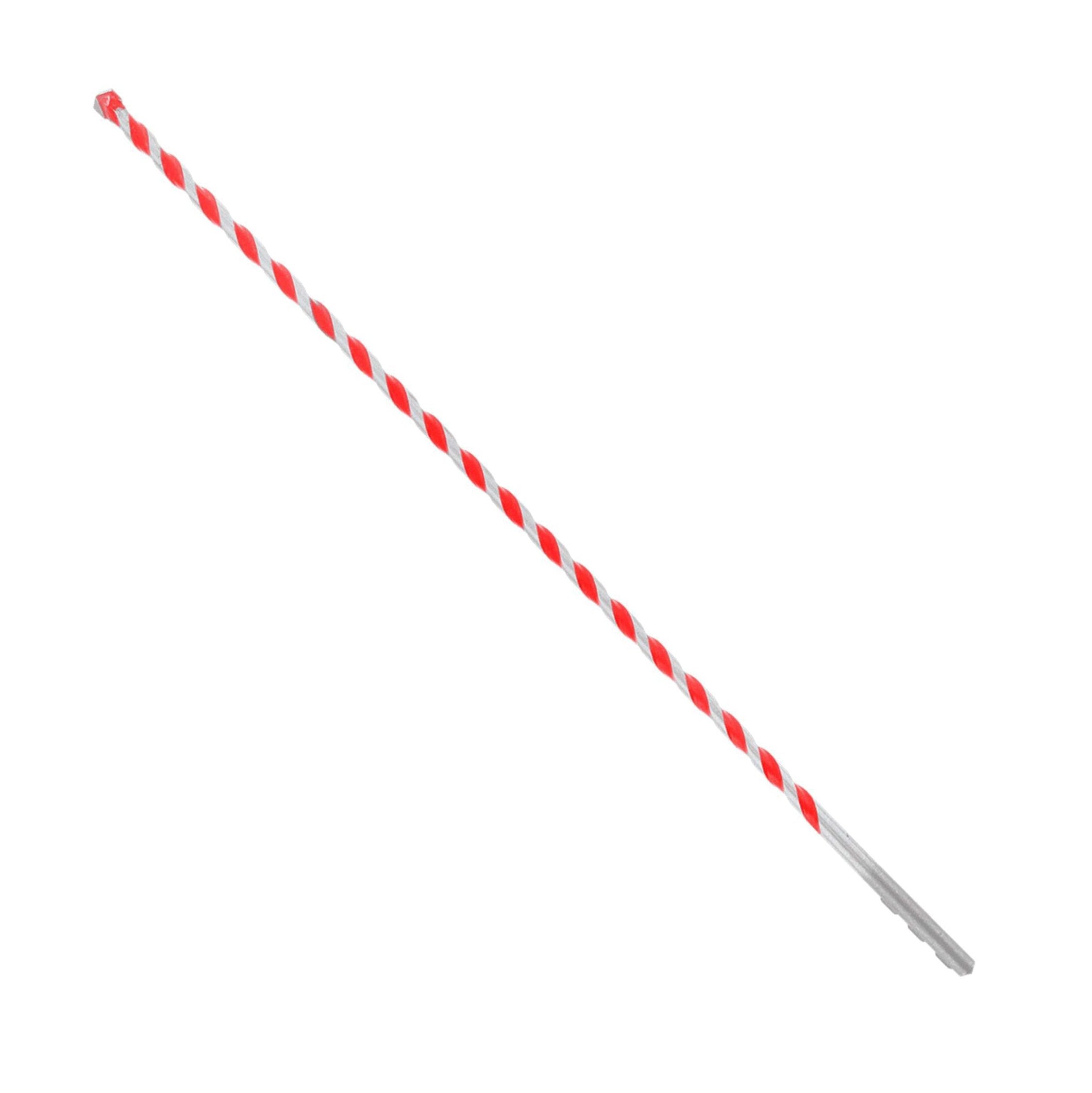 A photo shows a long, thin bar similar to a Diablo DIABLO DMARG1090 1/4 in. x 10 in. x 12 in. SPEEDemon™ Red Granite Carbide-Tipped Hammer Drill Bit with stripes resembling an Impact Strong™ design, oriented diagonally against a white background.